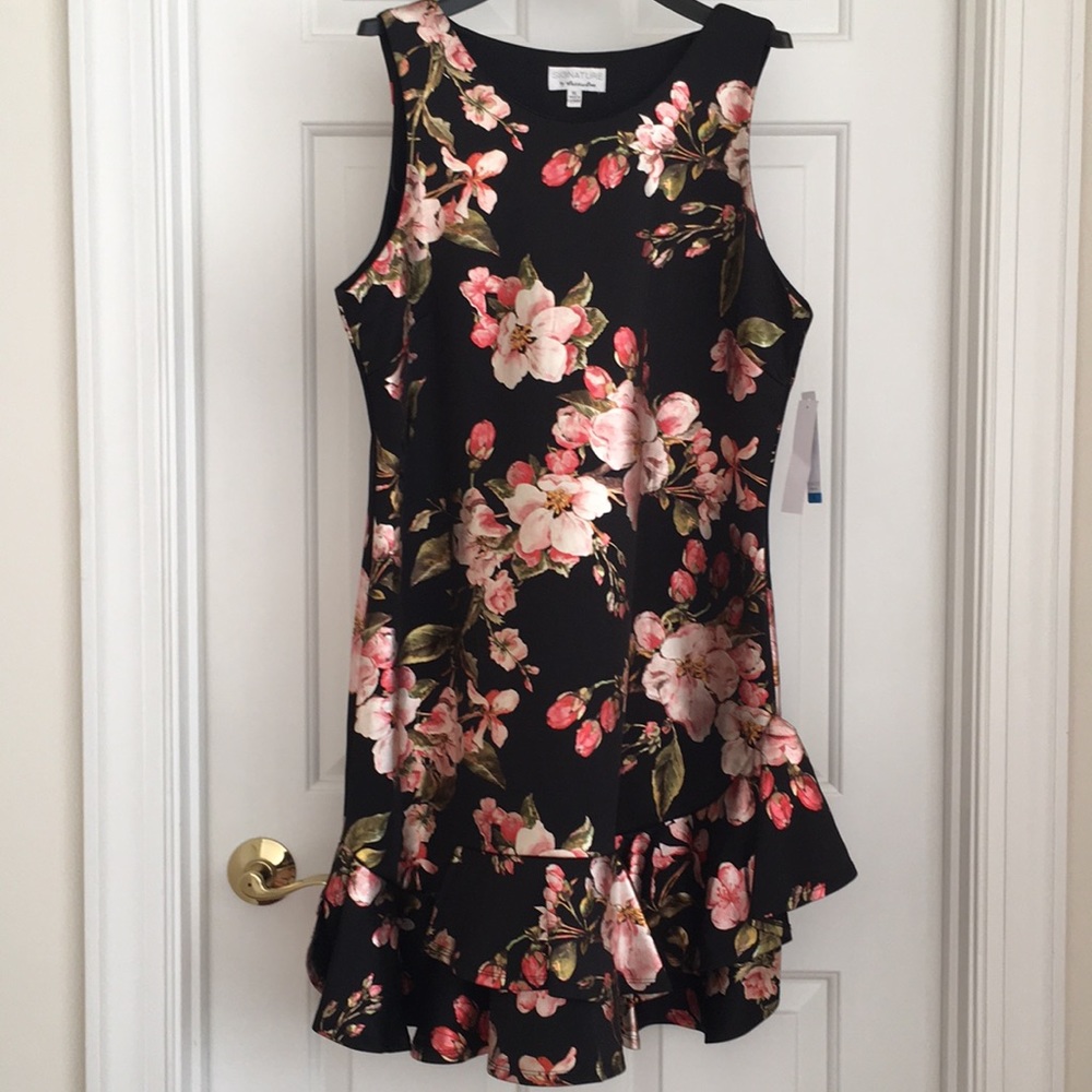 Signature Women’s Dress XL Black Red Sleeveless Floral Frills Party New NWT